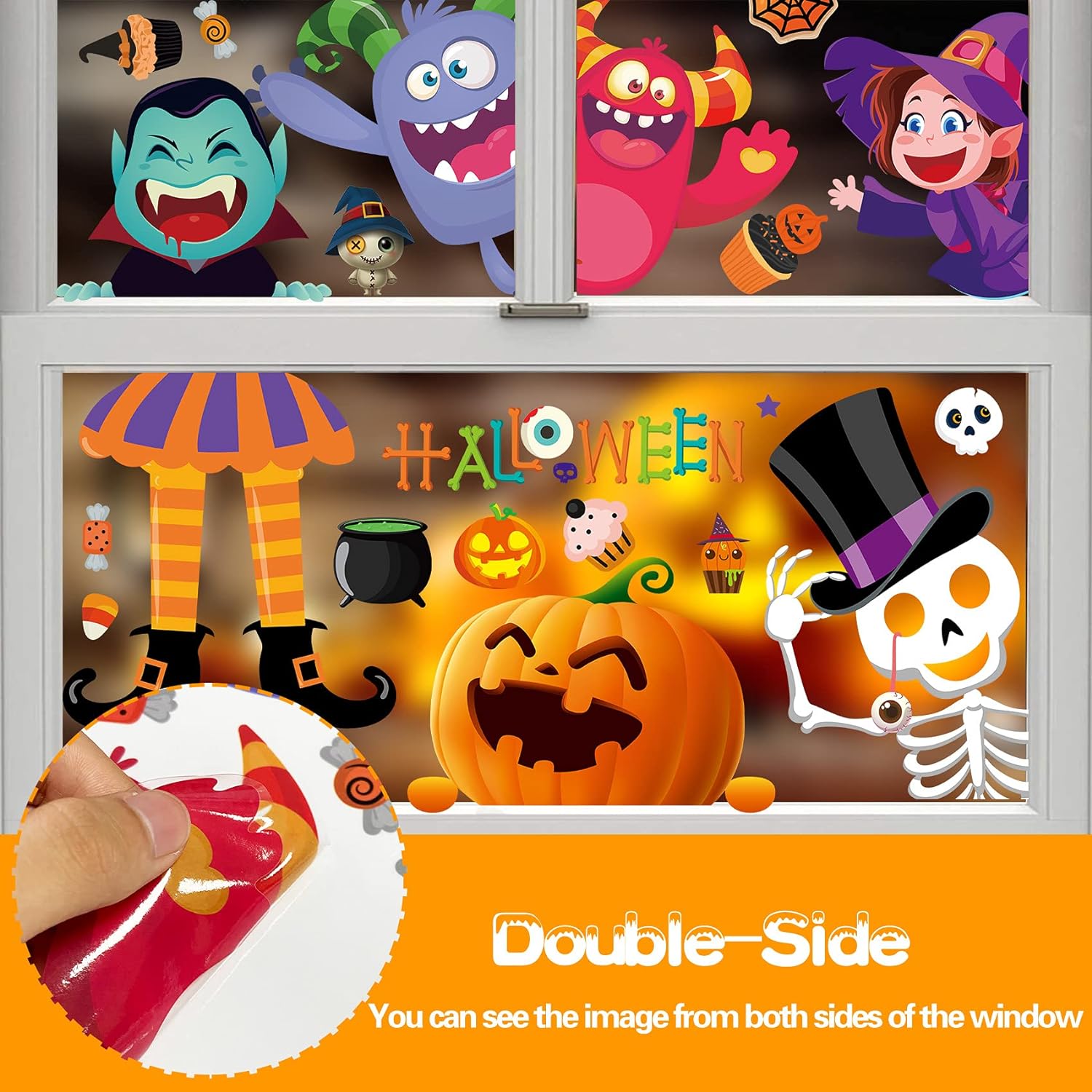 Halloween Window Clings for Kids Halloween Gel Window Clings Double Sided 10 Sheets Halloween Window Clings for Glass Windows Cute Halloween Window Clings Large for Window