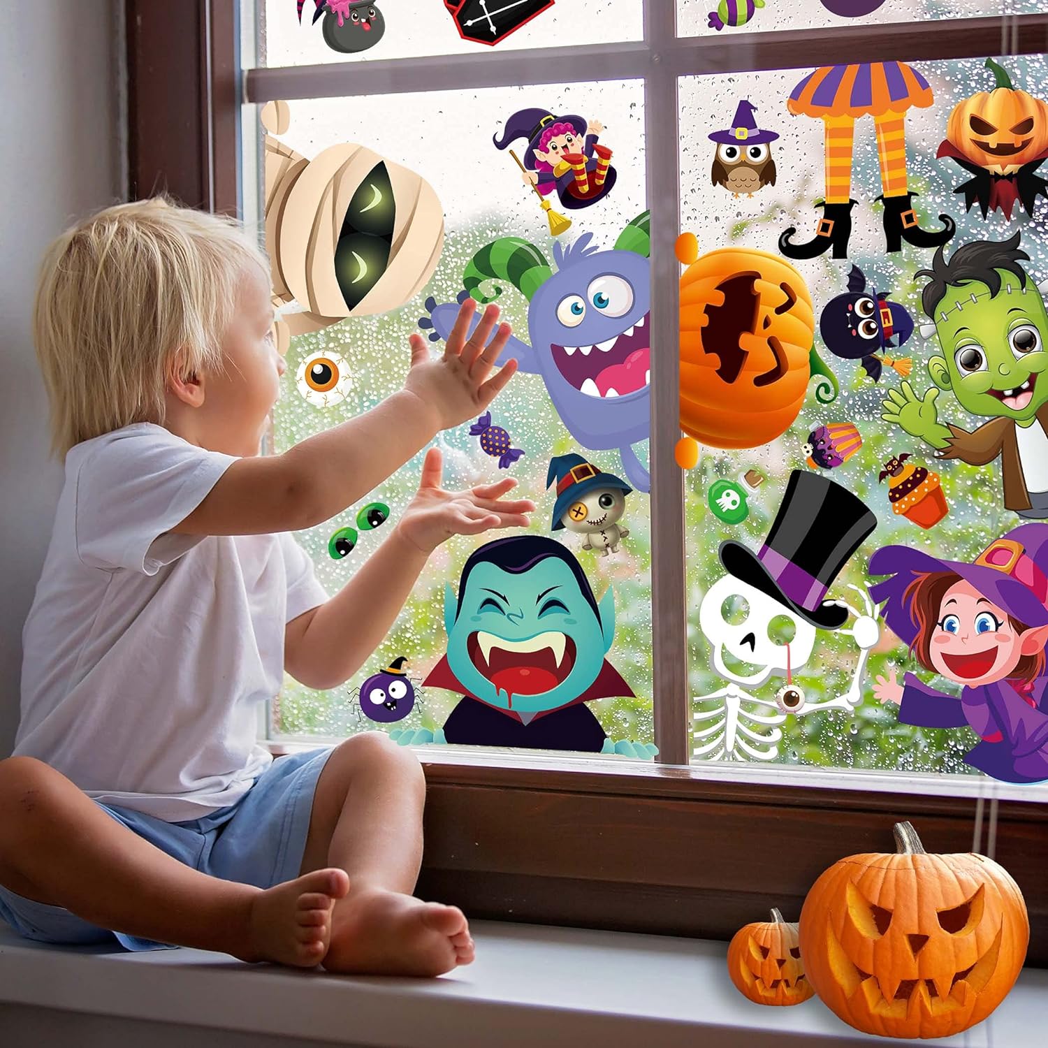 Halloween Window Clings for Kids Halloween Gel Window Clings Double Sided 10 Sheets Halloween Window Clings for Glass Windows Cute Halloween Window Clings Large for Window
