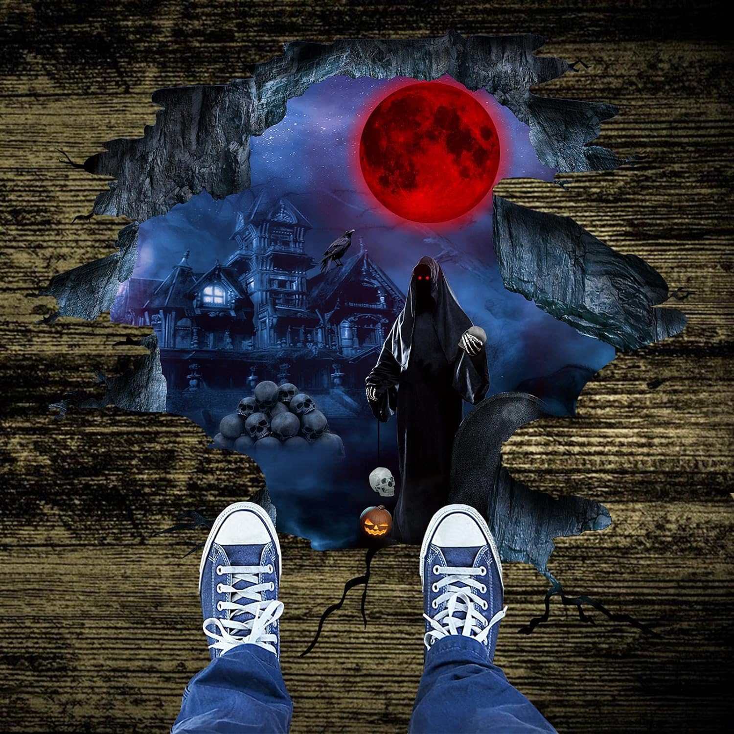 3D Halloween Wall Floor Decals Scary Zombie Floor Stickers for Living Room, Red Moon Pumpkins Floor Decals Skulls Castle Stickers Art Decorations for Bedroom Bar Pub Party Supplies