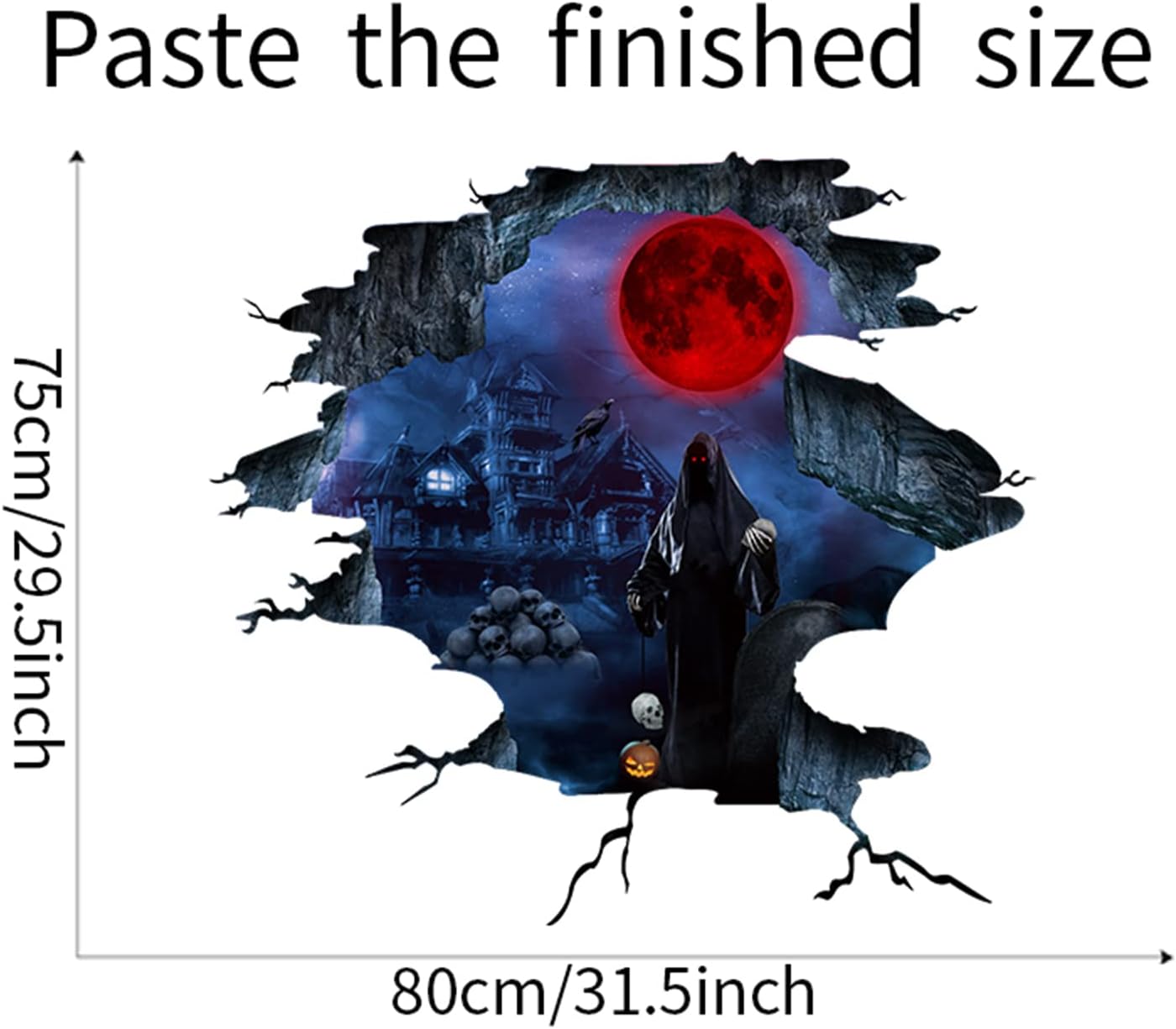 3D Halloween Wall Floor Decals Scary Zombie Floor Stickers for Living Room, Red Moon Pumpkins Floor Decals Skulls Castle Stickers Art Decorations for Bedroom Bar Pub Party Supplies