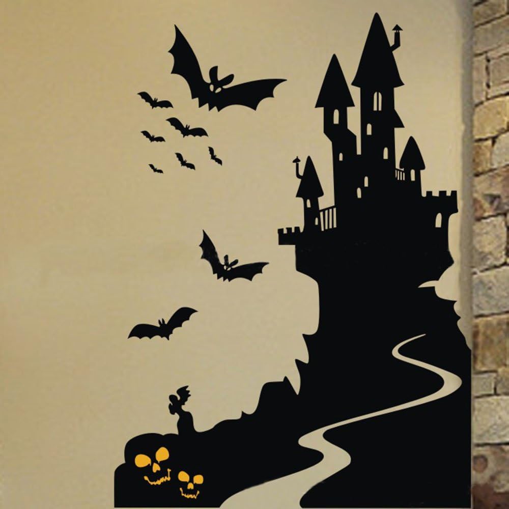 Halloween Wall Decals Spooky Cemetery Skeleton Skull Crow Bats Ancient Castle Window Stickers Halloween Decorations for Kids Rooms Nursery Halloween Party 16 inches x 22 inches