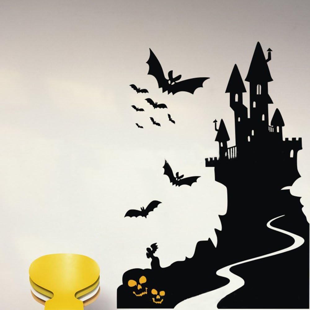 Halloween Wall Decals Spooky Cemetery Skeleton Skull Crow Bats Ancient Castle Window Stickers Halloween Decorations for Kids Rooms Nursery Halloween Party 16 inches x 22 inches