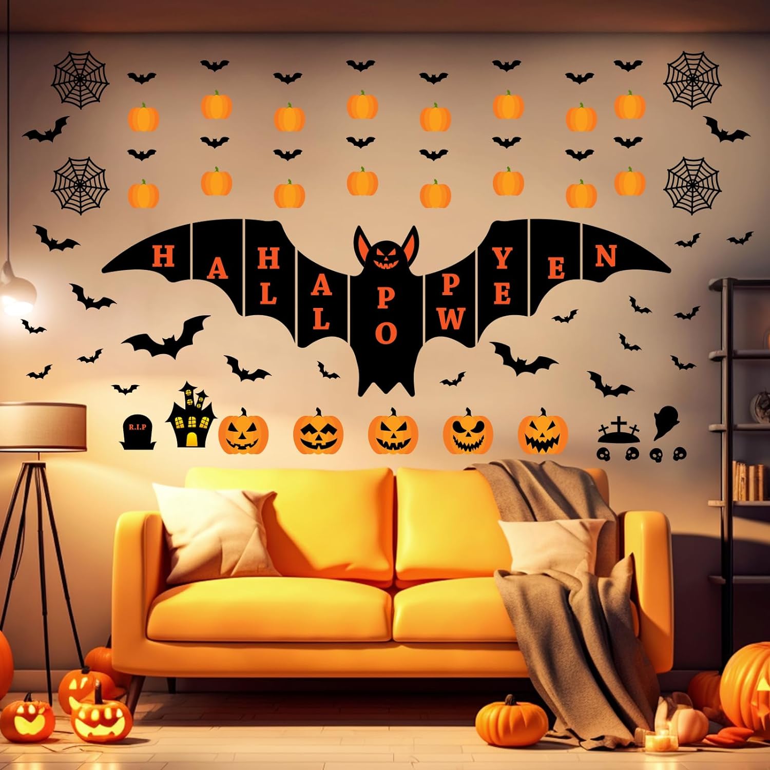 145Pcs Halloween Wall Decals,Large Size Bat Wall Decal Home Horror Wall Decal, Wall Sticker Pumpkin Spooky Decorations Party Supplies Ancient Castle Halloween Home Decor DIY Wall Art Indoor Decor