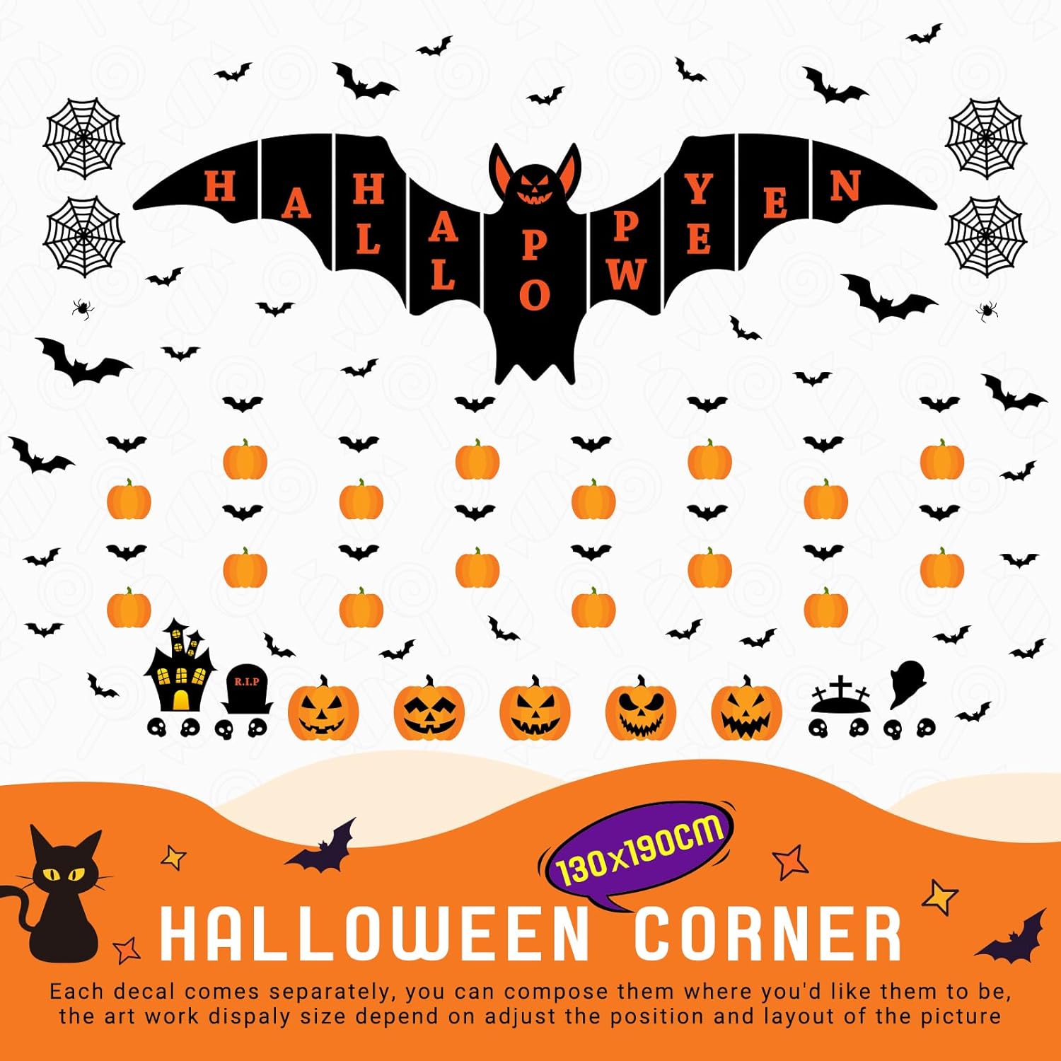 145Pcs Halloween Wall Decals,Large Size Bat Wall Decal Home Horror Wall Decal, Wall Sticker Pumpkin Spooky Decorations Party Supplies Ancient Castle Halloween Home Decor DIY Wall Art Indoor Decor