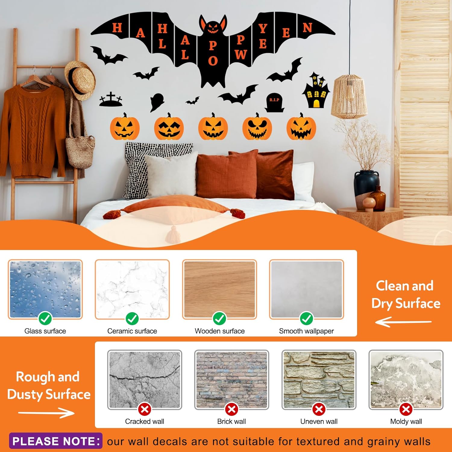 145Pcs Halloween Wall Decals,Large Size Bat Wall Decal Home Horror Wall Decal, Wall Sticker Pumpkin Spooky Decorations Party Supplies Ancient Castle Halloween Home Decor DIY Wall Art Indoor Decor