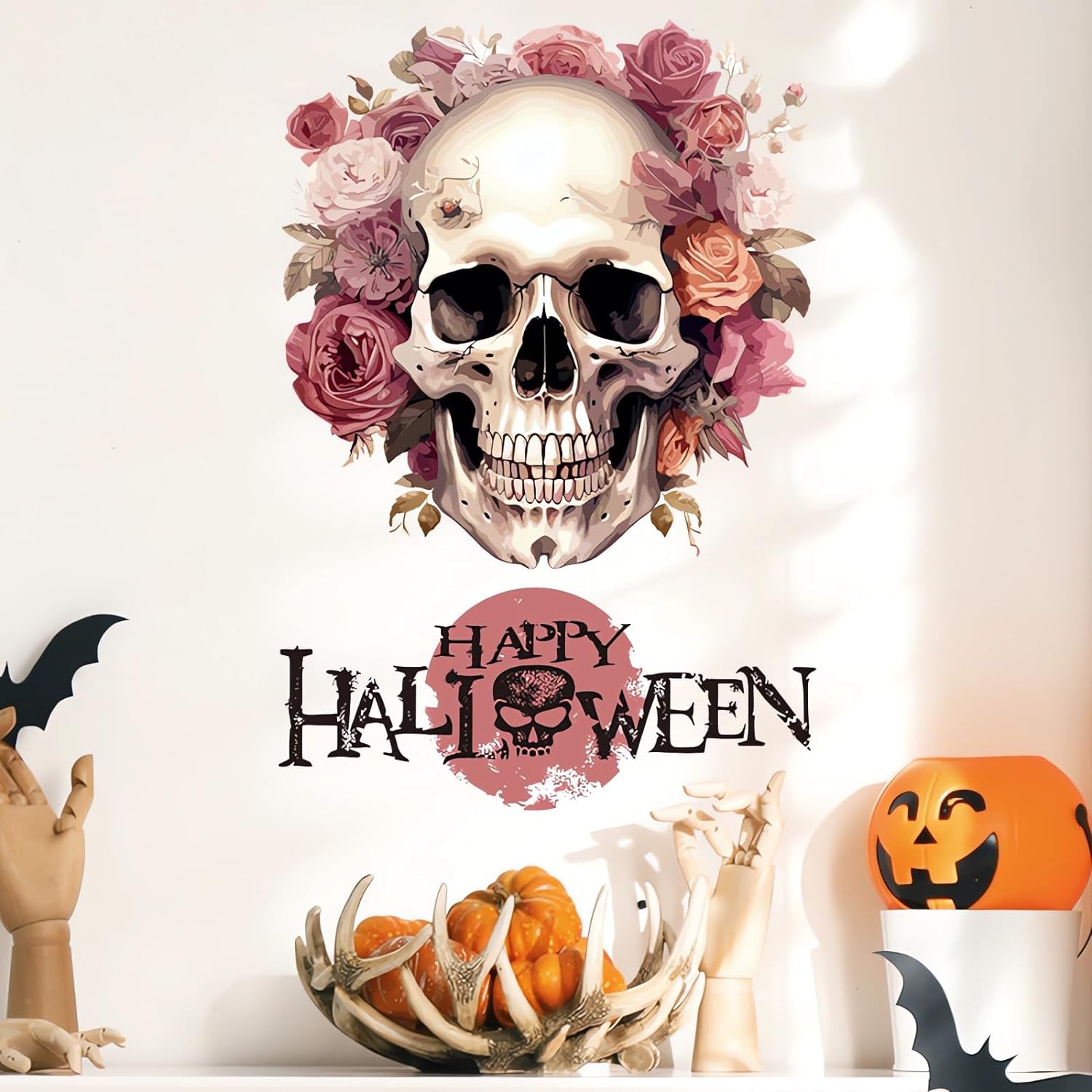 Halloween Flower Skull Wall Stickers, sacinora Horror Art Wall Decals Removable Vinyl Peel and Stick for Halloween Party Toilets Door Living Room Bedroom Kitchen Decorations