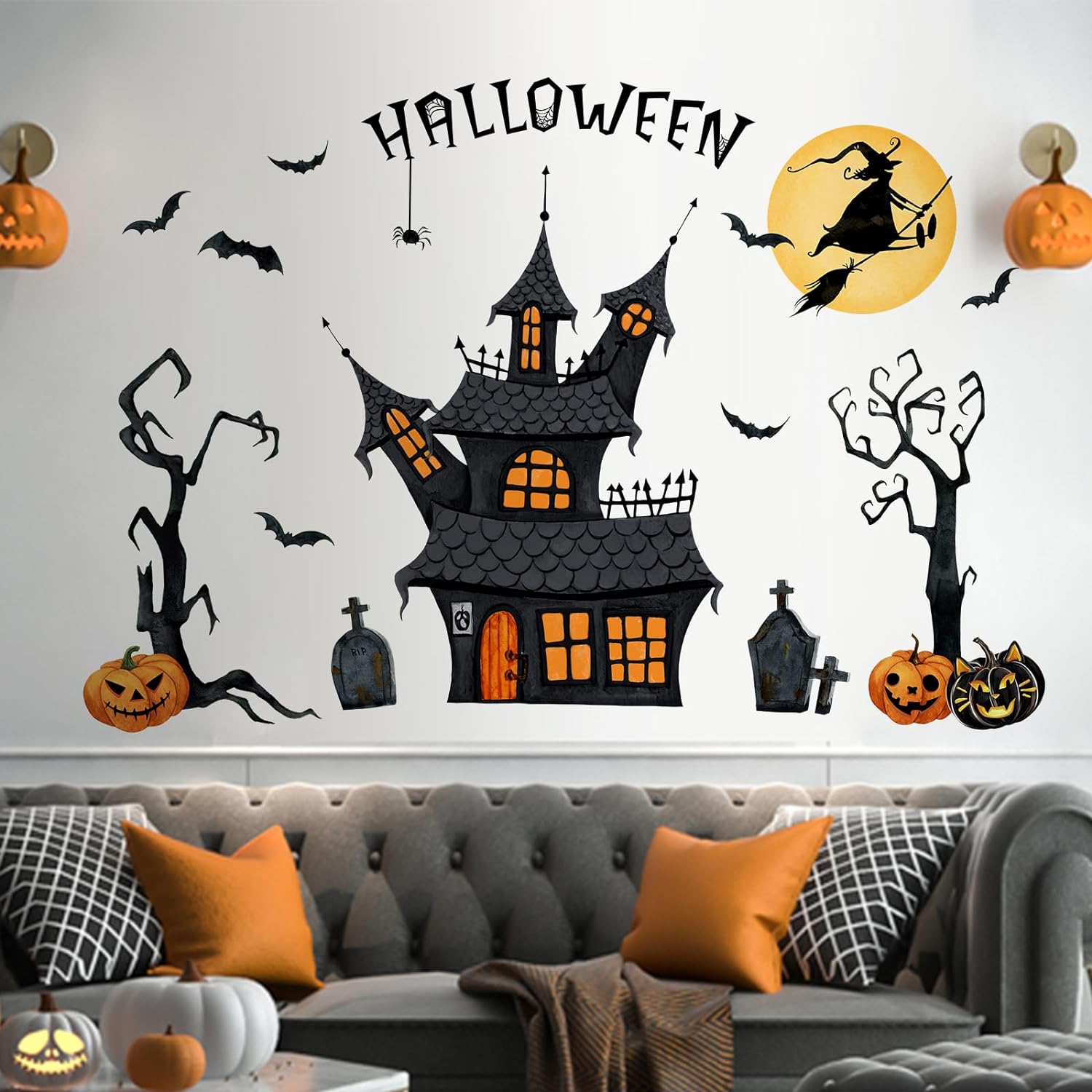 Yovkky Halloween Haunted House Wall Decals Stickers, Jack O Lantern Pumpkin Witch Castle Bat Tombstone Home Bedroom Decor, Funny Holiday Party Living Room Kitchen Decorations Art