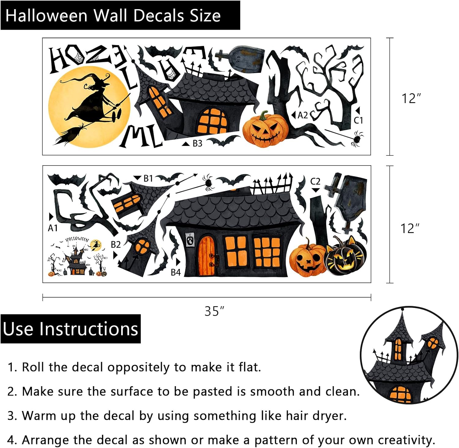 Yovkky Halloween Haunted House Wall Decals Stickers, Jack O Lantern Pumpkin Witch Castle Bat Tombstone Home Bedroom Decor, Funny Holiday Party Living Room Kitchen Decorations Art