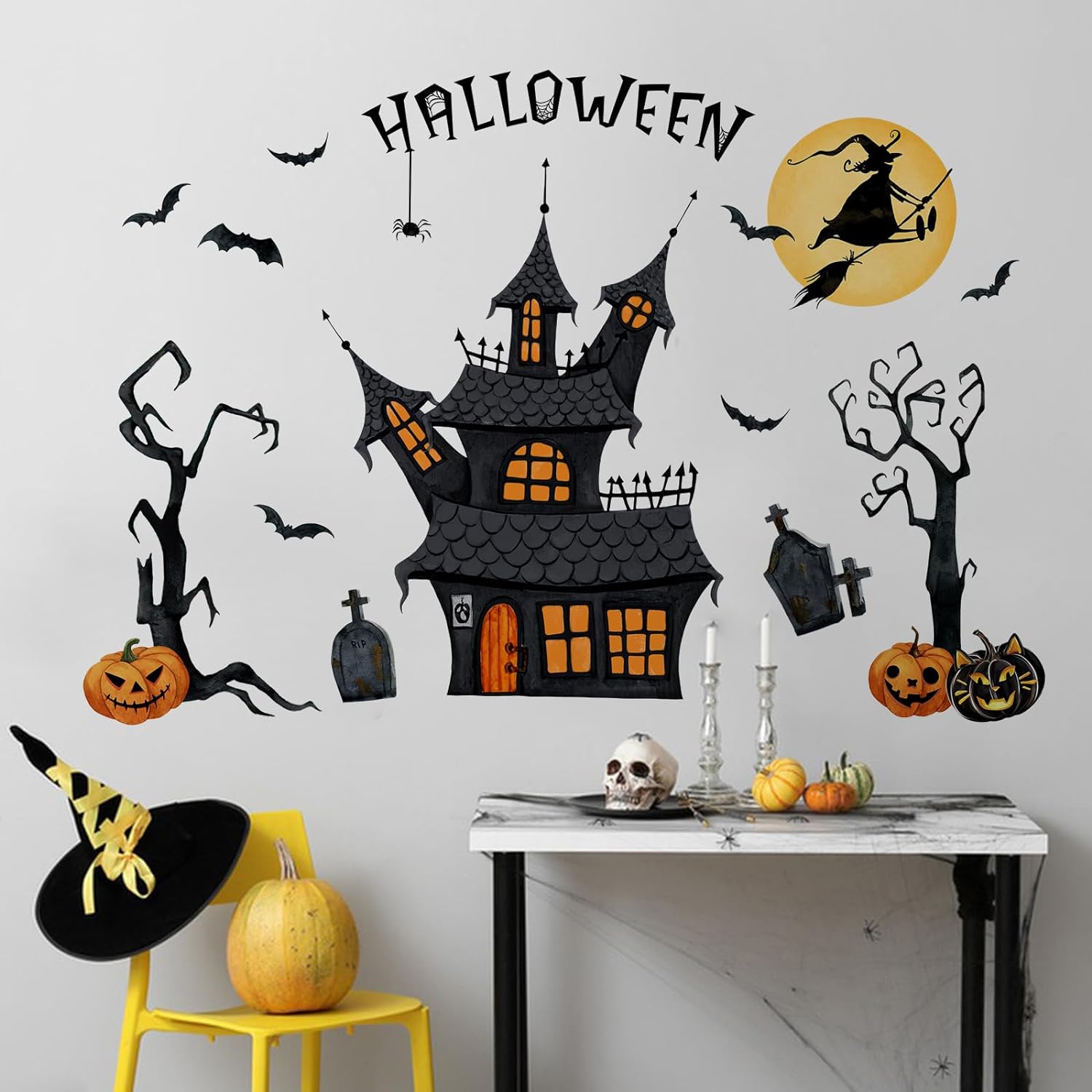 Yovkky Halloween Haunted House Wall Decals Stickers, Jack O Lantern Pumpkin Witch Castle Bat Tombstone Home Bedroom Decor, Funny Holiday Party Living Room Kitchen Decorations Art