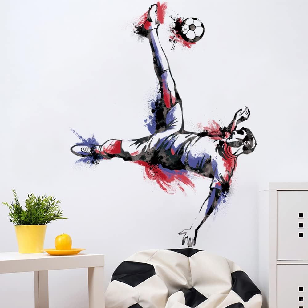 Runtoo Soccer Player Wall Art Decal Sports Wall Stickers Teens Boys Kids Bedroom Gym Decor