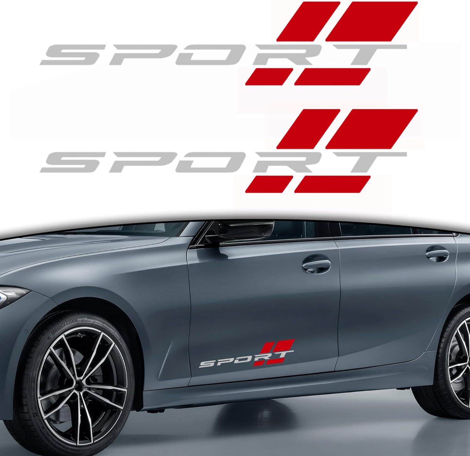 Car Sport Decal,16 Inch Vinyl Sticker Fit for All Cars Side (2 pcs Silver red)