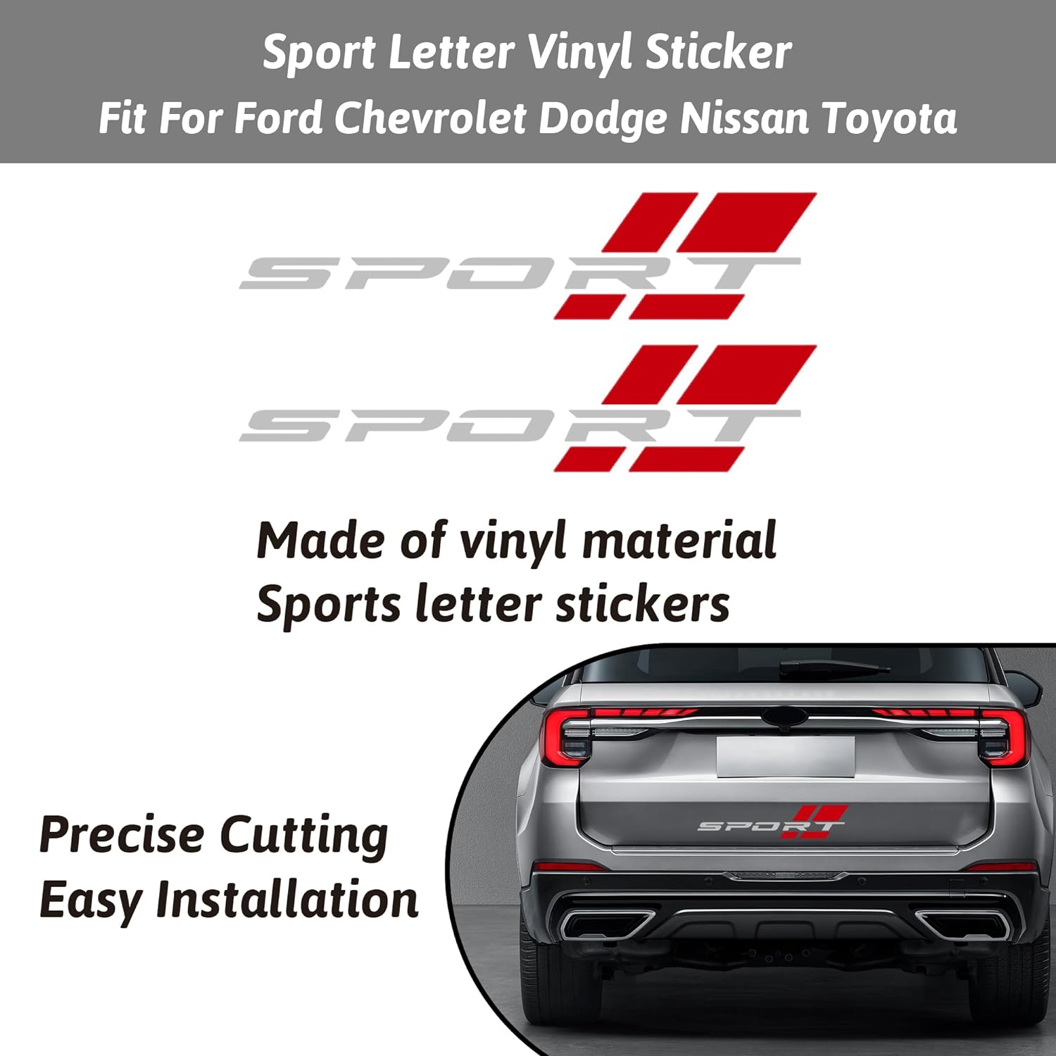 Car Sport Decal,16 Inch Vinyl Sticker Fit for All Cars Side (2 pcs Silver red)
