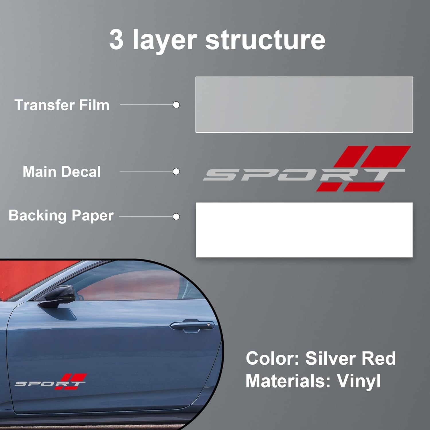Car Sport Decal,16 Inch Vinyl Sticker Fit for All Cars Side (2 pcs Silver red)