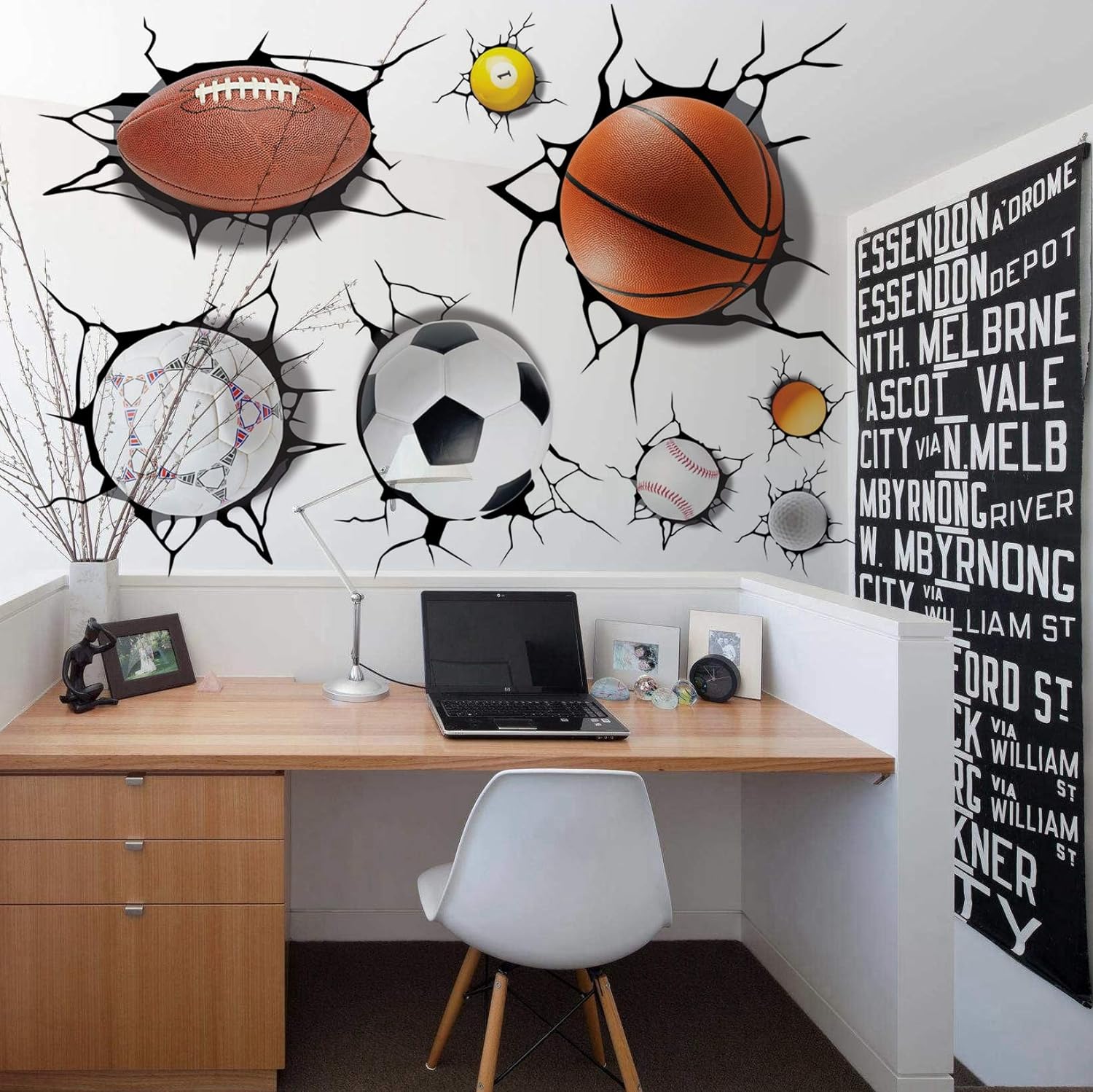 U-Shark 3D Self-adesive Removable Break Through the Wall Vinyl Wall Stickers /Murals Art Decals Decorator Kid's Favor (2080 Sports Basketball Football Soccer (50x70cm))