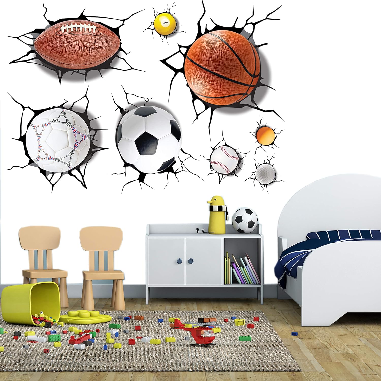 U-Shark 3D Self-adesive Removable Break Through the Wall Vinyl Wall Stickers /Murals Art Decals Decorator Kid's Favor (2080 Sports Basketball Football Soccer (50x70cm))