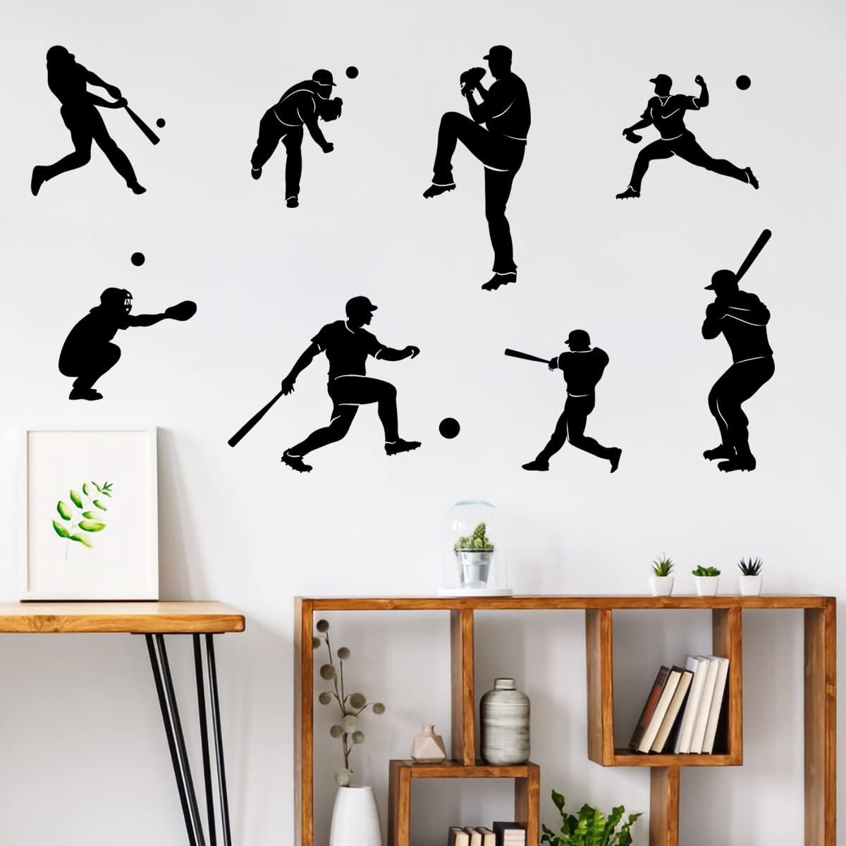 Removable Baseball Player Silhouette Wall Decals Base Ball Sports Wall Stickers Peel & Stick Kids Room Nursery Playroom Classroom Wall Decor