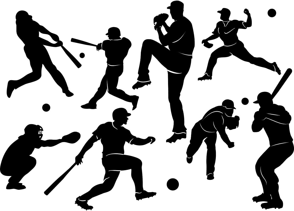 Removable Baseball Player Silhouette Wall Decals Base Ball Sports Wall Stickers Peel & Stick Kids Room Nursery Playroom Classroom Wall Decor