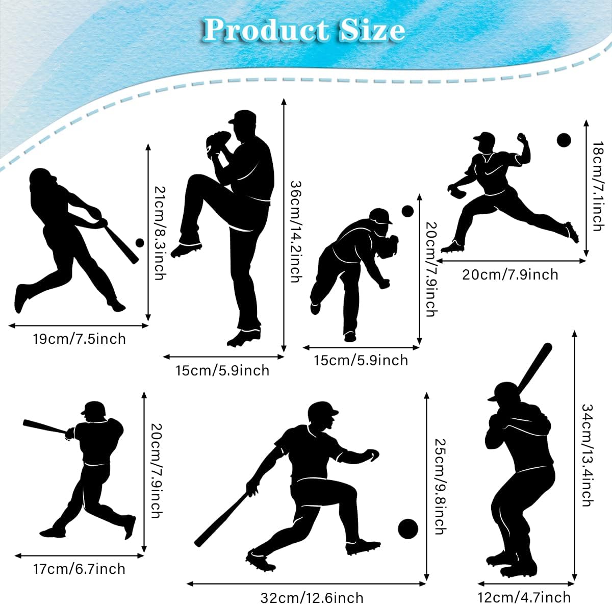 Removable Baseball Player Silhouette Wall Decals Base Ball Sports Wall Stickers Peel & Stick Kids Room Nursery Playroom Classroom Wall Decor