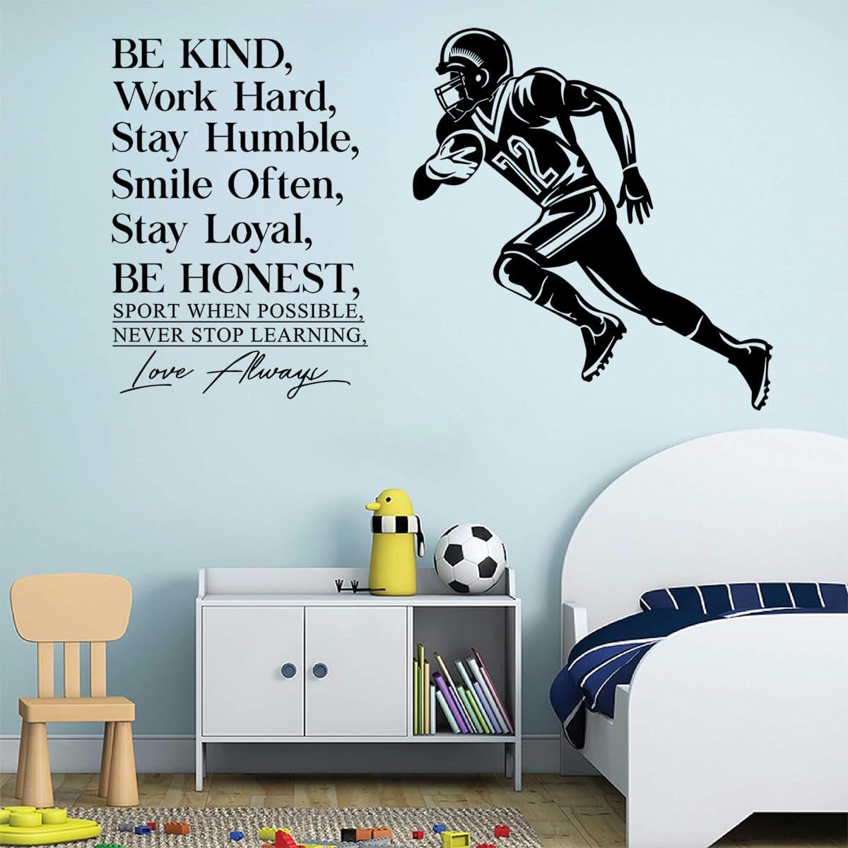 Football Player Wall Decals Motivational Quotes Wall Stickers Vinyl Sport Wall Decal Sport Wall Art Peel and Stick Be Kind, Be Humble, Be Strong Wall Decal Sticker Kids Bedroom Playroom