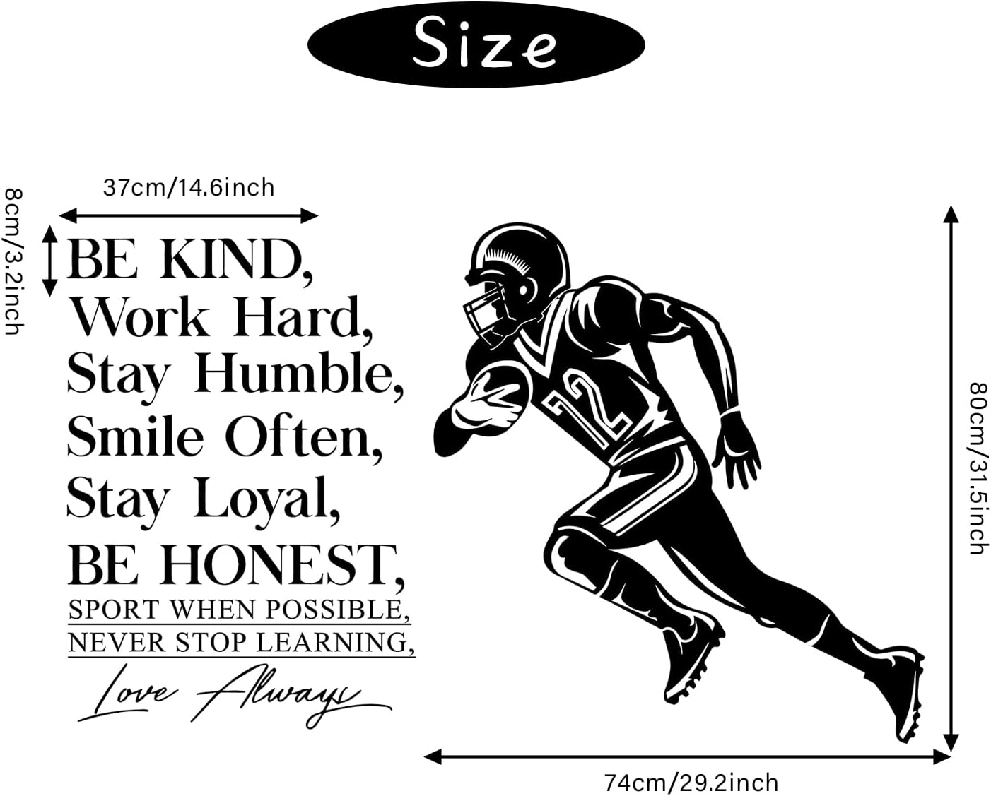 Football Player Wall Decals Motivational Quotes Wall Stickers Vinyl Sport Wall Decal Sport Wall Art Peel and Stick Be Kind, Be Humble, Be Strong Wall Decal Sticker Kids Bedroom Playroom