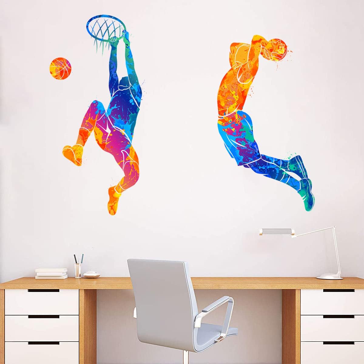 Watercolor Basketball Player Dunk Wall Stickers for Boys Teens Sports Player Silhouette Wall Decals Peel & Stick Removable Wall Decor Art Murals Kids Room Playroom Baby Nursery Classroom Wall