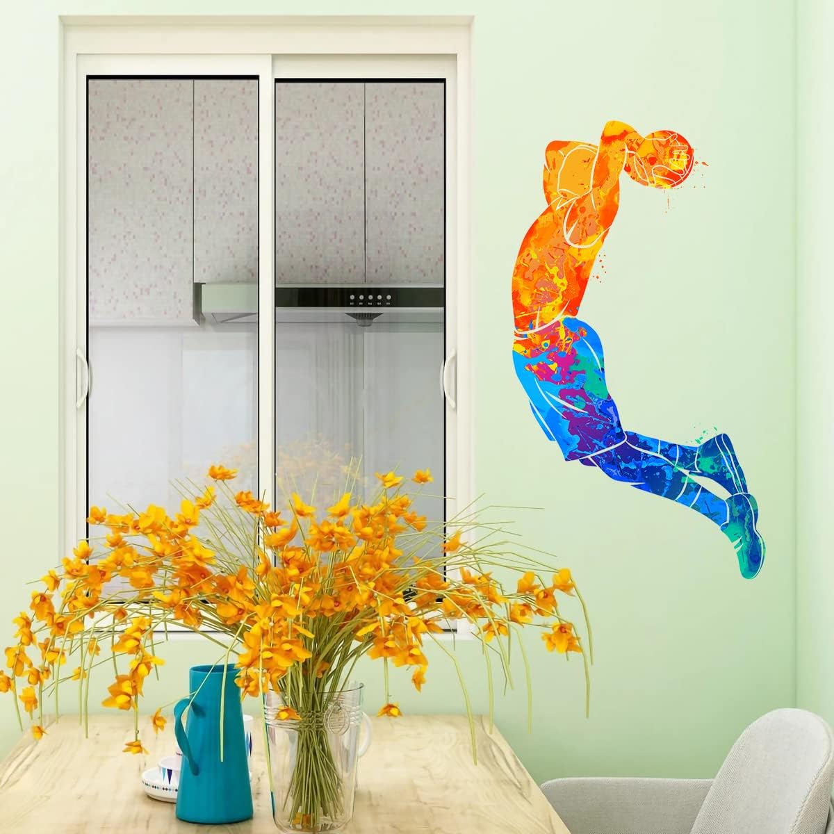 Watercolor Basketball Player Dunk Wall Stickers for Boys Teens Sports Player Silhouette Wall Decals Peel & Stick Removable Wall Decor Art Murals Kids Room Playroom Baby Nursery Classroom Wall