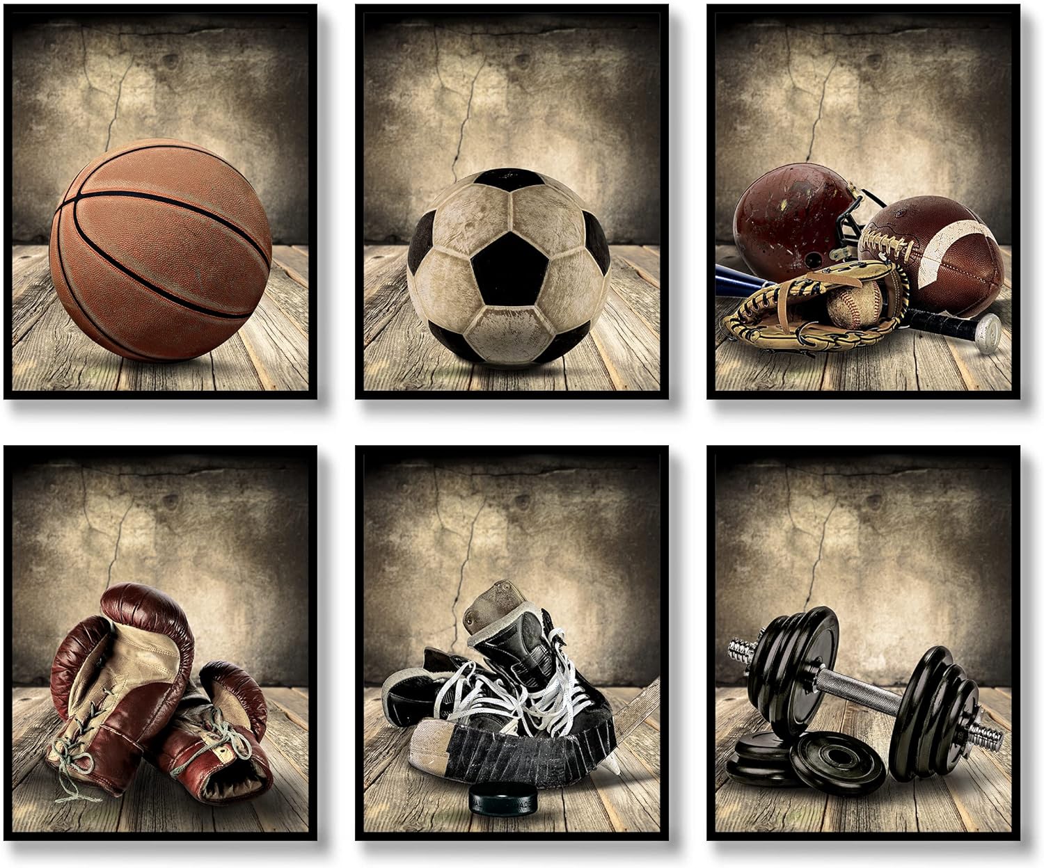 Sports Wall Art Prints Set of 6 Retro Posters Rustic Soccer Football Baseball Basketball on Vintage Wood Grain Floor Wall Decor Canvas Art Painting for Living Room Bedroom Kids Boy Room Decoration