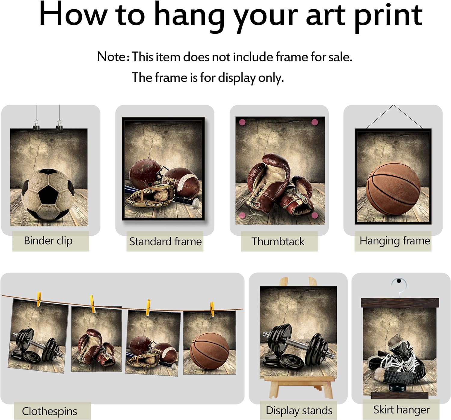 Sports Wall Art Prints Set of 6 Retro Posters Rustic Soccer Football Baseball Basketball on Vintage Wood Grain Floor Wall Decor Canvas Art Painting for Living Room Bedroom Kids Boy Room Decoration
