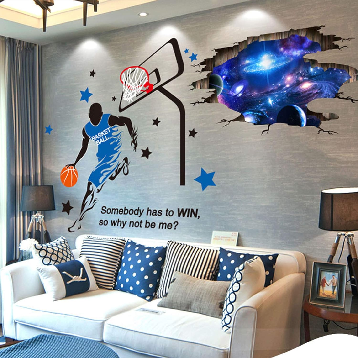 Amoda 3D Out Space Wall Decal Basketball Fans Wall Decor Removable Basketball Wall Stickers Art Wall Mural Decals for Tenn Girl Kids Bedroom Ceiling Living Room Decor