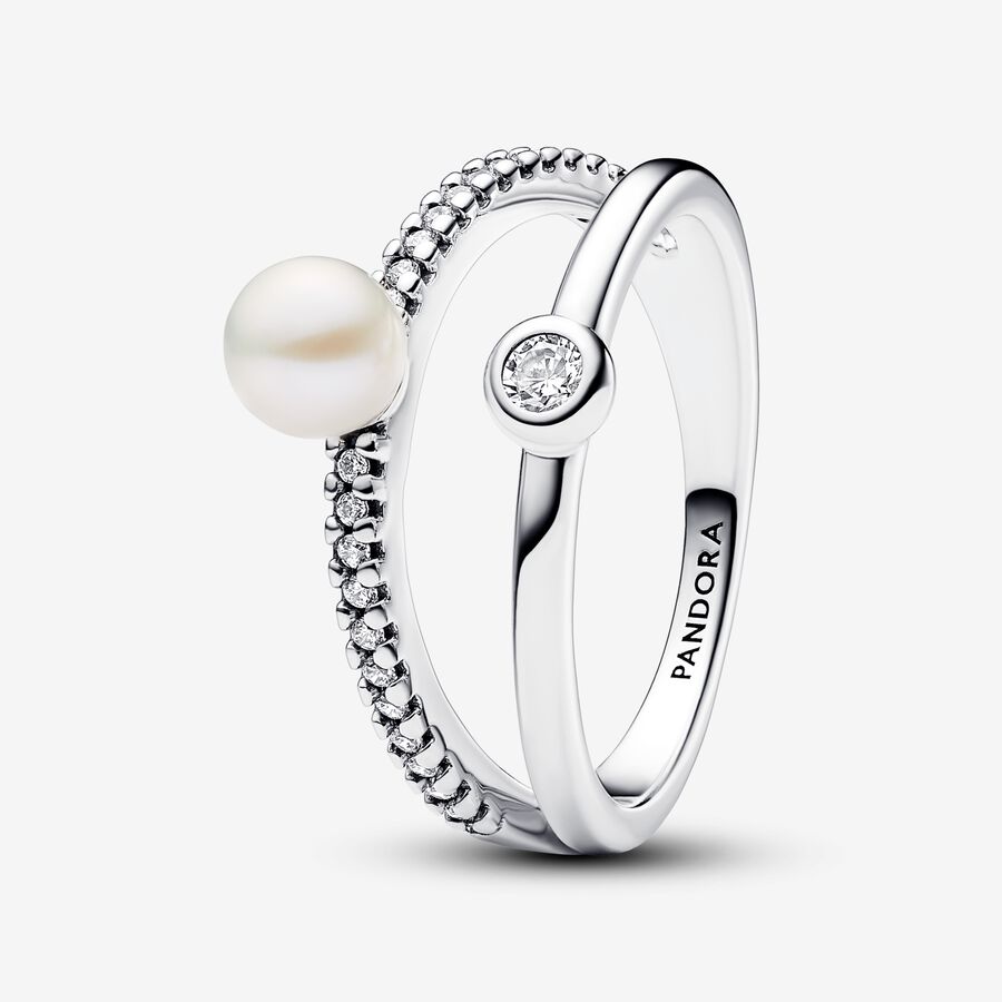  Anillo Perla  y Doble Banda en Pavé