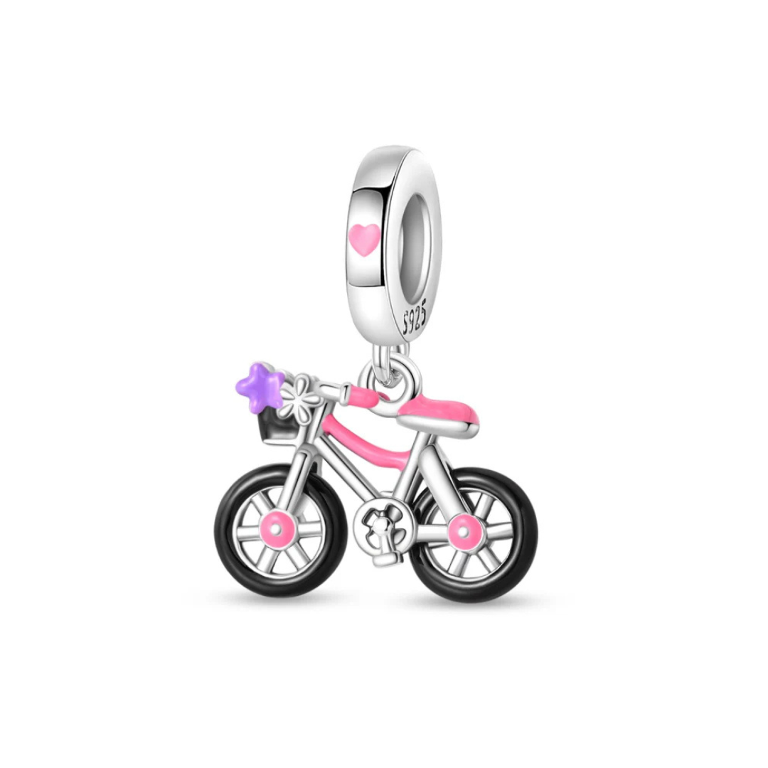 Charm bicicleta rosa con ruedas negras