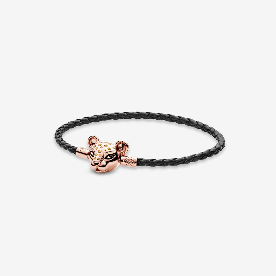 Pulsera Rose de cuero negro y cierre de leona