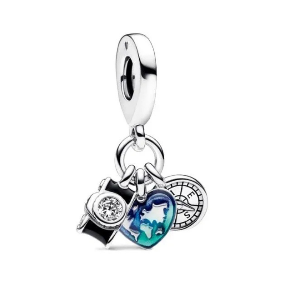 Charm cámara, corazón y brújula 