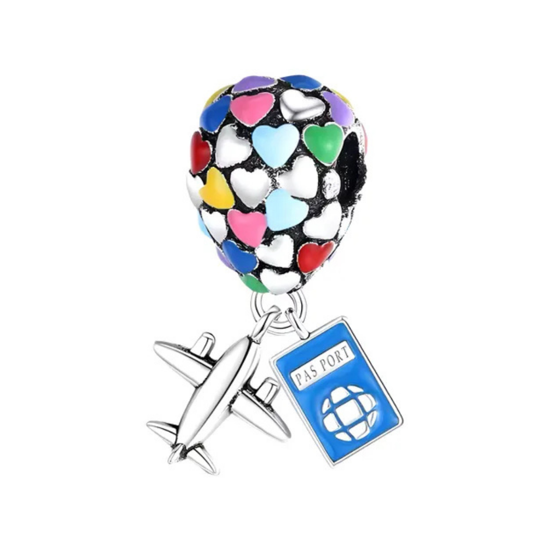 Charm Colgante Globo Aerostático con avión y pasaporte 