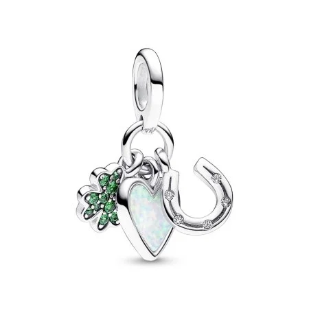Charm triple colgante de trébol de cuatro hojas, corazón y herradura