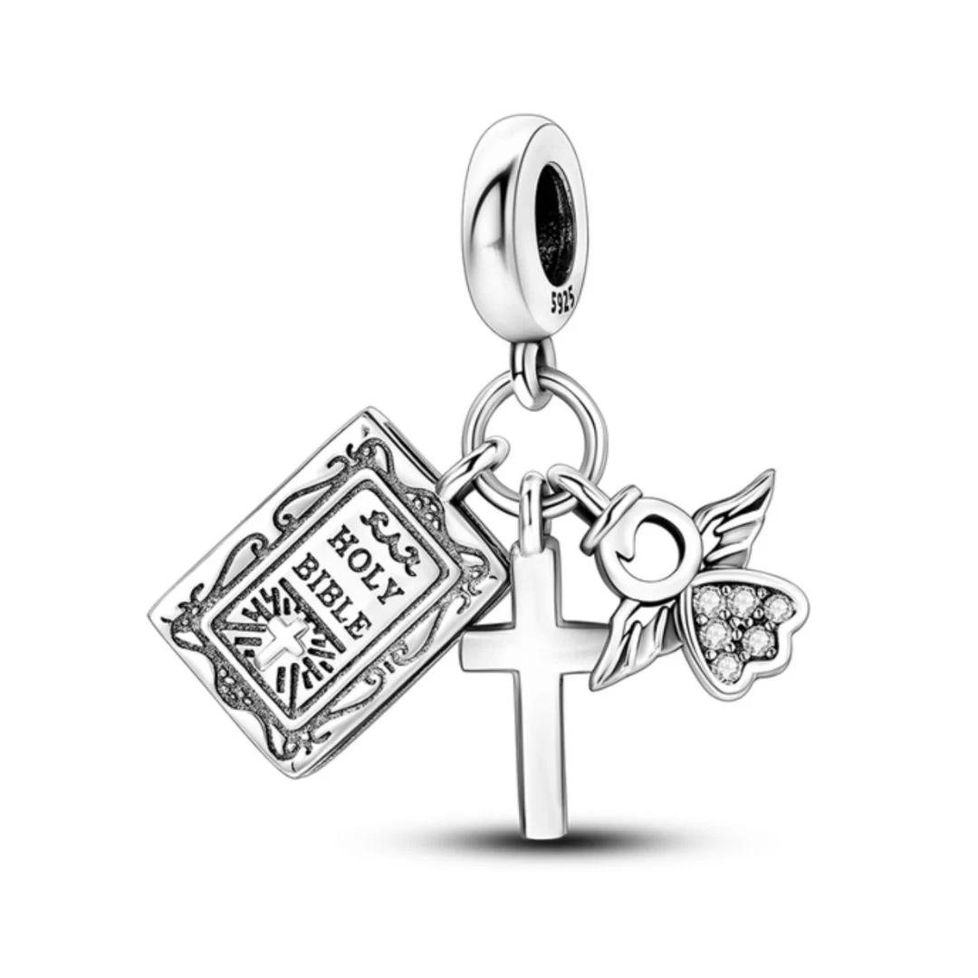 Charm colgante religioso, biblia, cruz y angel
