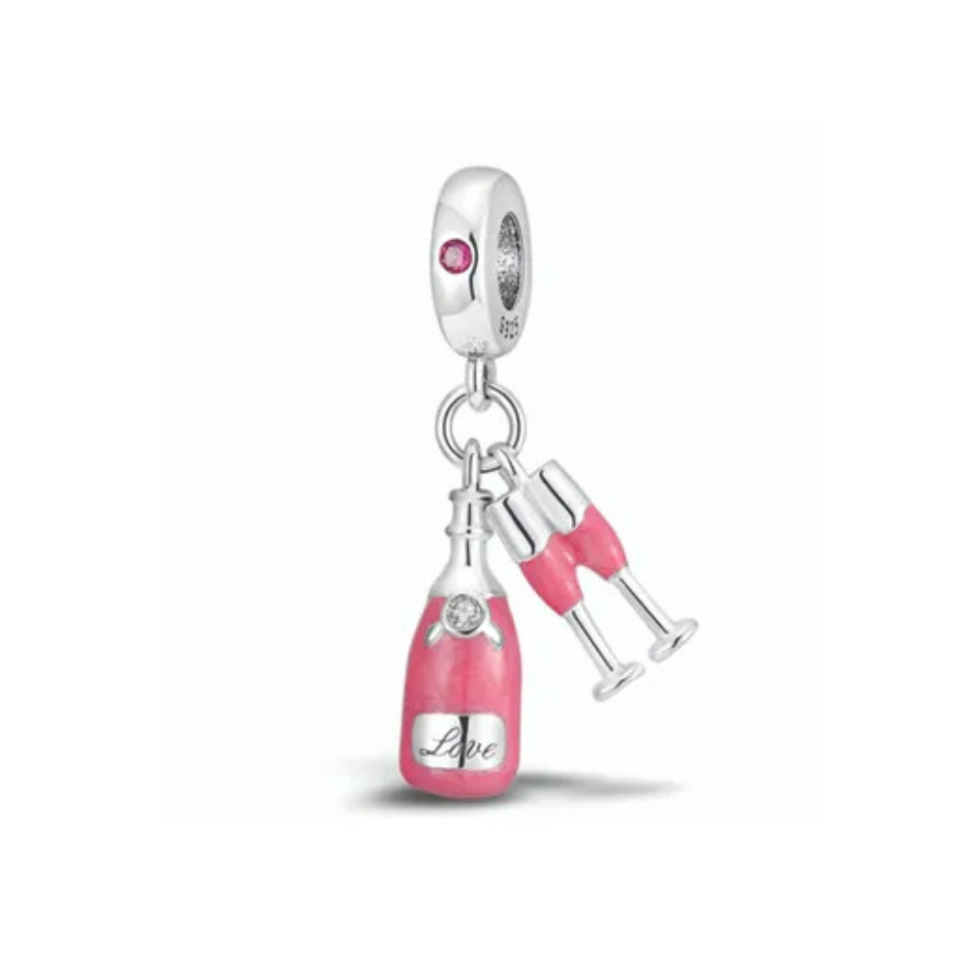 Charm botella rosa y dos copas 