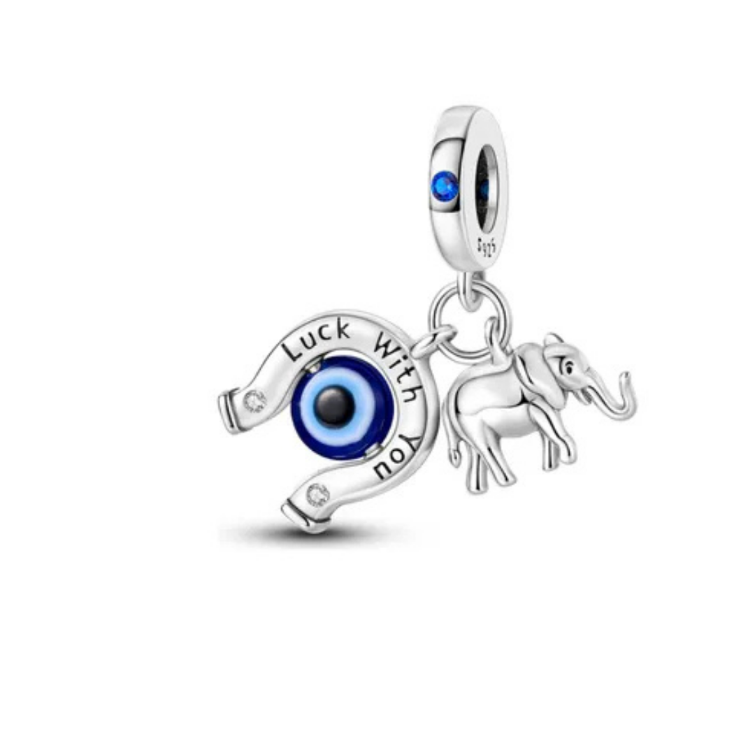 Charm colgante doble elefante con herradura de ojo turco