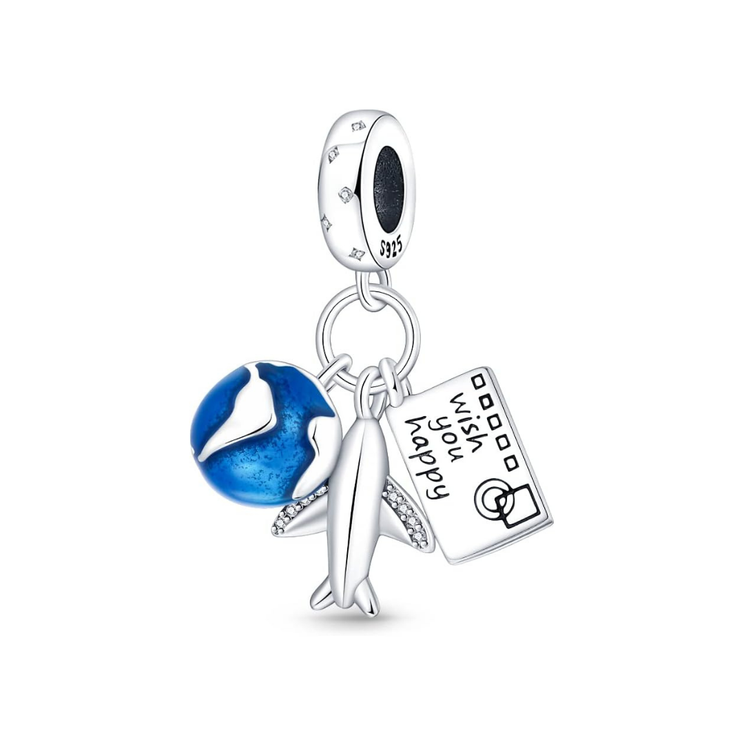 Charm colgante de viaje mundo azul, avión y pasaporte 