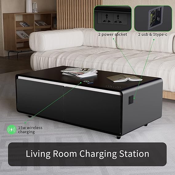Modern Smart Coffee Table with Built-in Fridge, Bluetooth Speaker, Wireless Charging Module, Touch Control Panel, Power Socket, USB Interface, Outlet Protection, Atmosphere Light, Black