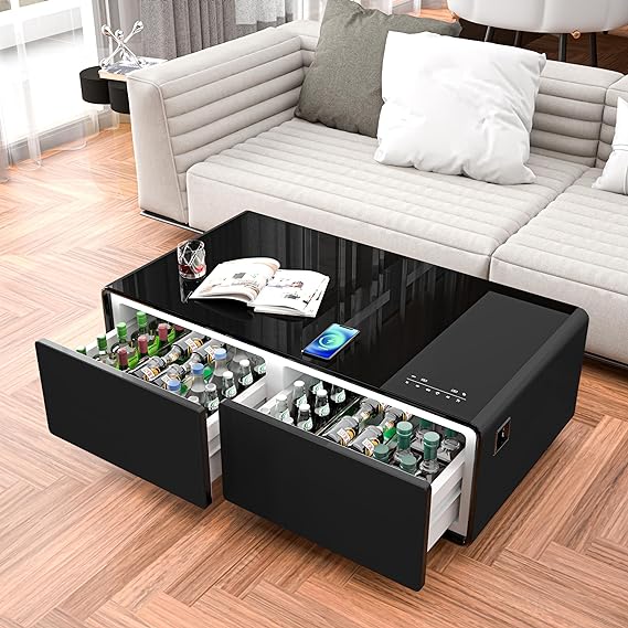 Modern Smart Coffee Table with Built-in Fridge, Bluetooth Speaker, Wireless Charging Module, Touch Control Panel, Power Socket, USB Interface, Outlet Protection, Atmosphere Light, Black