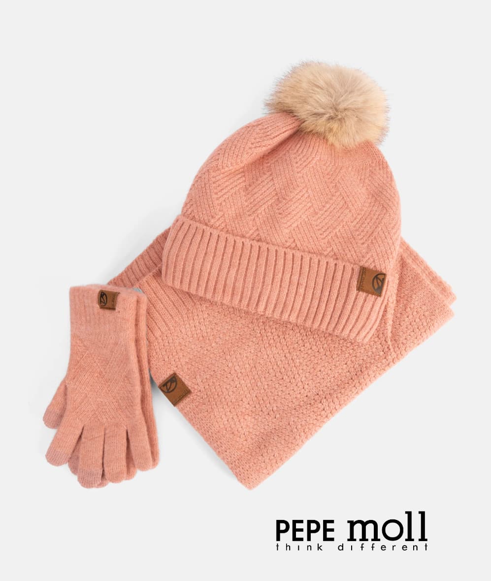 Conjunto de Invierno Rosa Melocotón: Gorro con Pompón, Bufanda y Guantes - PEPE MOLL