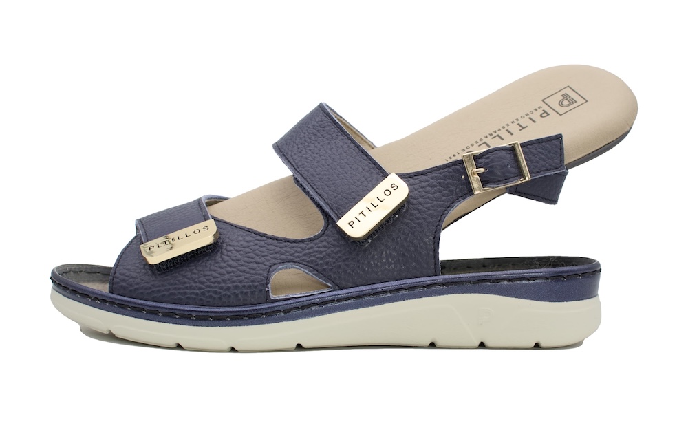 Sandalia de Piel color Marino Pitillos con Plantilla Extraíble y Velcro para Mujer