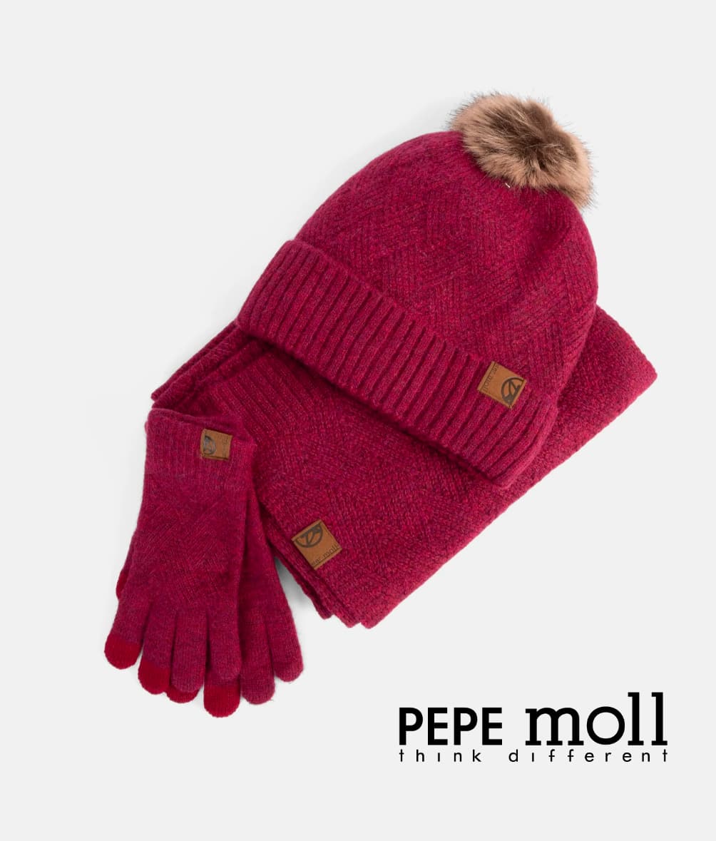 Set de Invierno Burdeos: Gorro Pompón, Bufanda y Guantes Táctiles de Punto | Pepe Moll