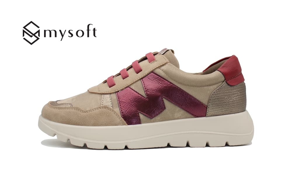 Sneaker Mysoft M622 taupe con burdeos