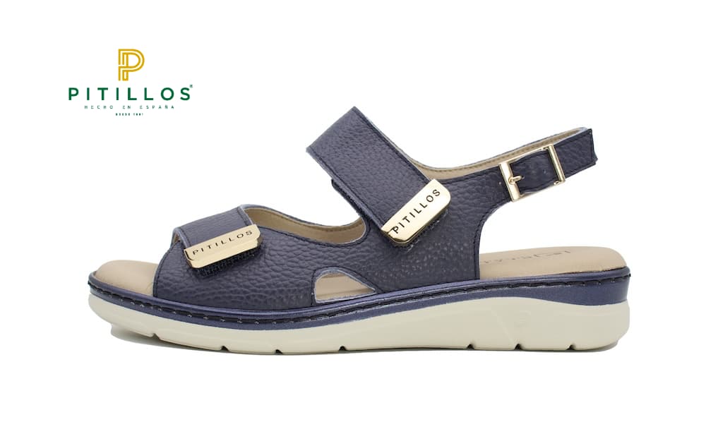 Sandalia de Piel color Marino Pitillos con Plantilla Extraíble y Velcro para Mujer