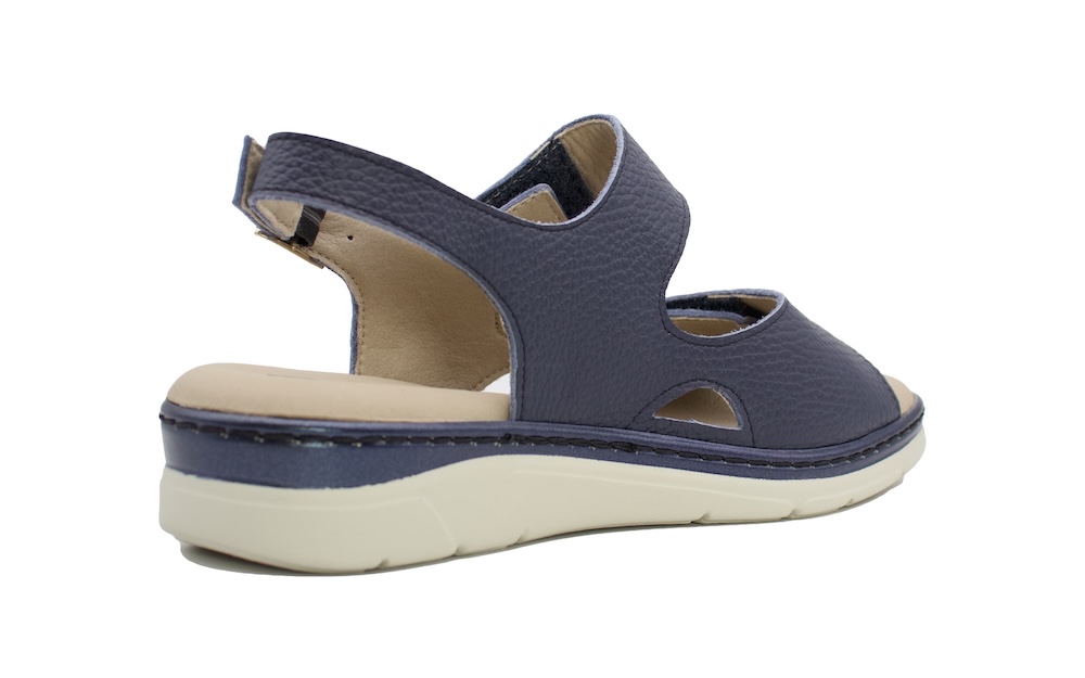 Sandalia de Piel color Marino Pitillos con Plantilla Extraíble y Velcro para Mujer