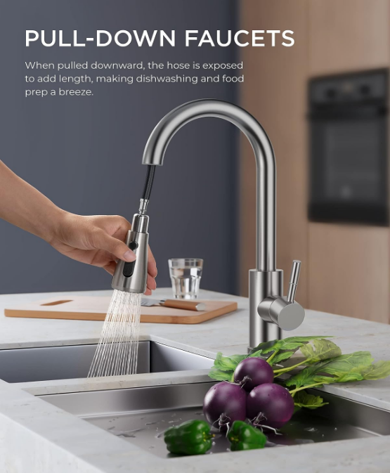 Kitchen Faucets, Brushed Nickel Kitchen Faucet with Pull Down Sprayer, High Arc Single Handle Stainless Steel Sink Faucets 1 or 3 Hole, Kitchen Sink Faucets for Farmhouse Camper Laundry Rv Bar
