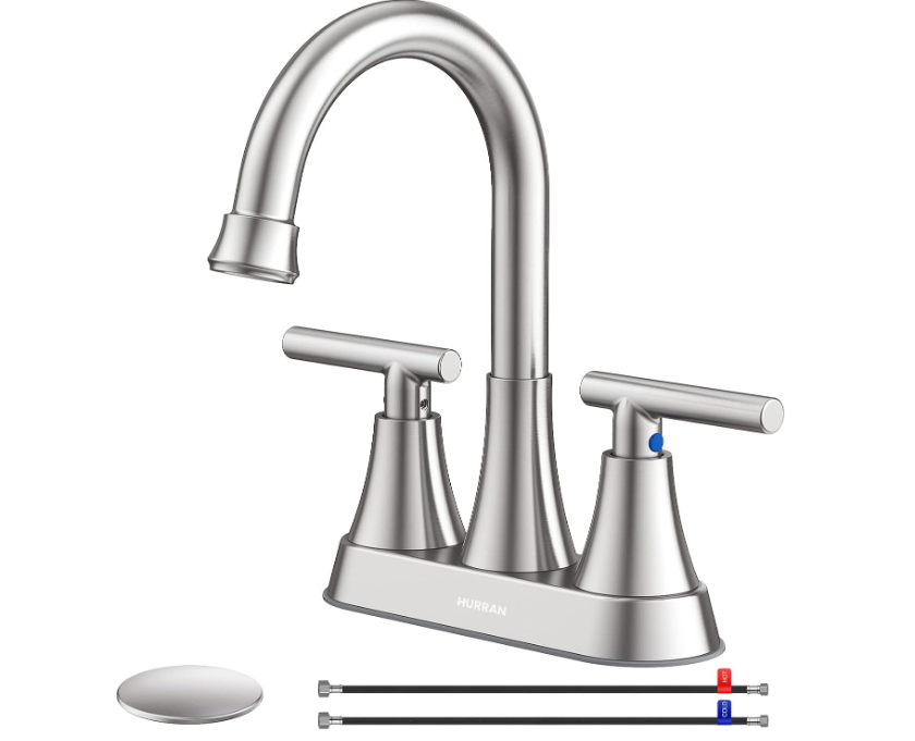 4 inch Brushed Nickel 2-Handle Bathroom Sink Faucet with Pop-up Drain - Lead-Free Stainless Steel Centerset Faucet for Vanity, RV
