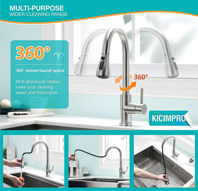 Kitchen Faucet with Pull Down Sprayer Brushed Nickel, High Arc Single Handle Sink Faucet with Water Lines, Commercial Modern rv Stainless Steel, Grifos De Cocina